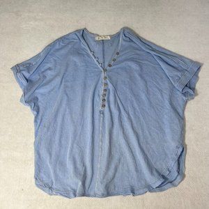 Free People Savannah Shirt Small S Cotton Henley Baby Blue Short Sleeve